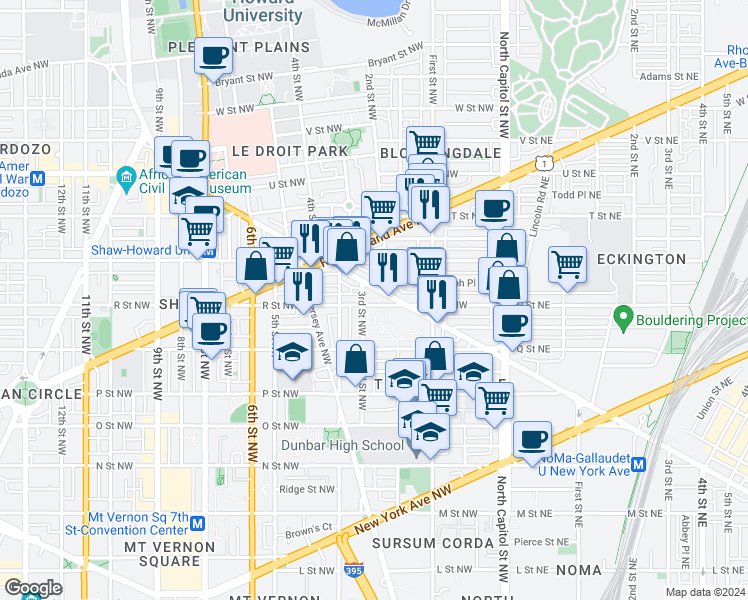 map of restaurants, bars, coffee shops, grocery stores, and more near 223 R Street Northwest in Washington