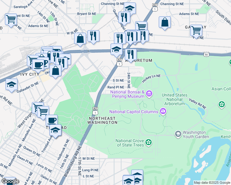 map of restaurants, bars, coffee shops, grocery stores, and more near 2200 R Street Northeast in Washington