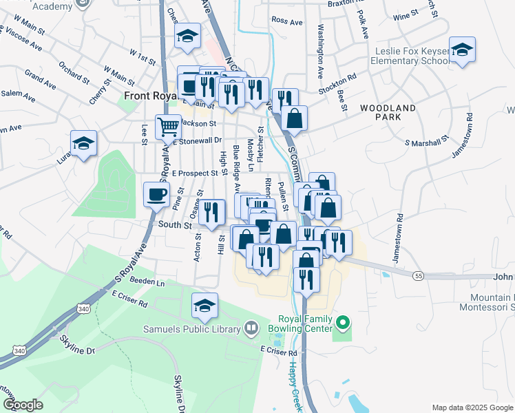 map of restaurants, bars, coffee shops, grocery stores, and more near 317 Frazer Place in Front Royal