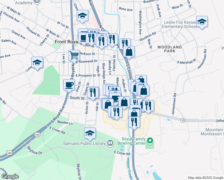map of restaurants, bars, coffee shops, grocery stores, and more near 315 Frazer Place in Front Royal