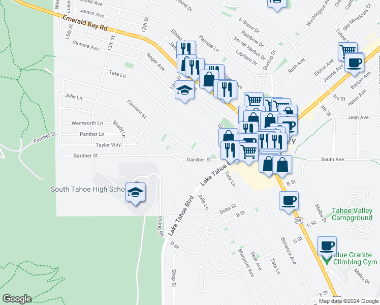 map of restaurants, bars, coffee shops, grocery stores, and more near 920 Clement Street in South Lake Tahoe