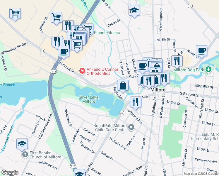 map of restaurants, bars, coffee shops, grocery stores, and more near 504 Northwest Front Street in Milford