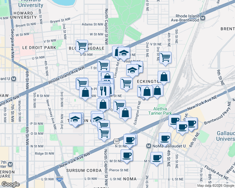 map of restaurants, bars, coffee shops, grocery stores, and more near 101 Independence Avenue Southeast in Washington