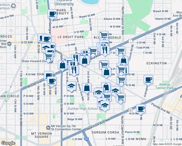 map of restaurants, bars, coffee shops, grocery stores, and more near 223 R Street Northwest in Washington