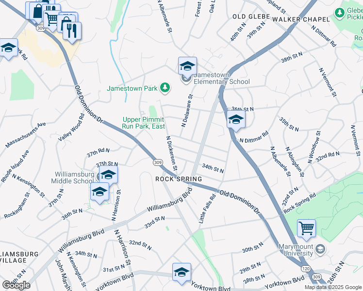 map of restaurants, bars, coffee shops, grocery stores, and more near 5019 34th Road North in Arlington