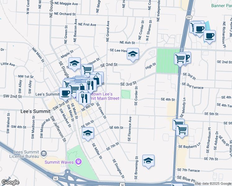 map of restaurants, bars, coffee shops, grocery stores, and more near 311 Southeast Grand Avenue in Lee's Summit