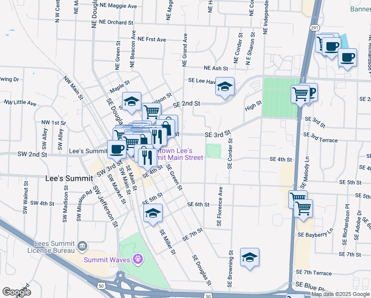 map of restaurants, bars, coffee shops, grocery stores, and more near 313 Southeast Grand Avenue in Lee's Summit