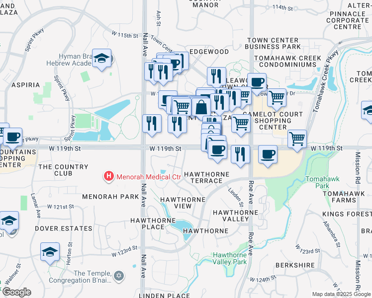 map of restaurants, bars, coffee shops, grocery stores, and more near 5220 West 119th Street in Leawood