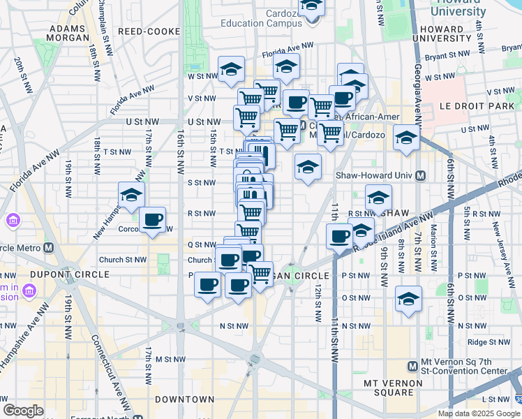 map of restaurants, bars, coffee shops, grocery stores, and more near 1701 14th Street Northwest in Washington