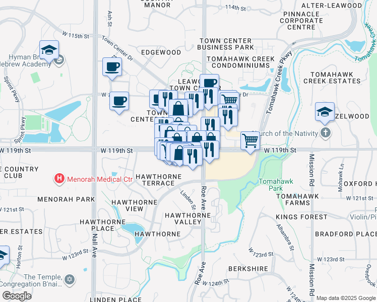 map of restaurants, bars, coffee shops, grocery stores, and more near 4731 West 119th Street in Overland Park