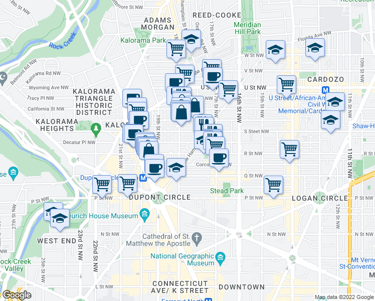 map of restaurants, bars, coffee shops, grocery stores, and more near 1759 R Street Northwest in Washington