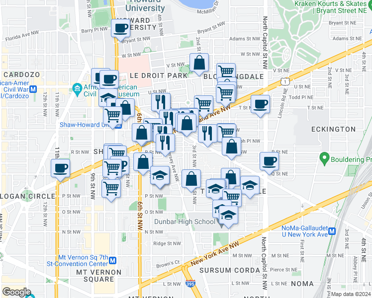 map of restaurants, bars, coffee shops, grocery stores, and more near 315 R Street Northwest in Washington