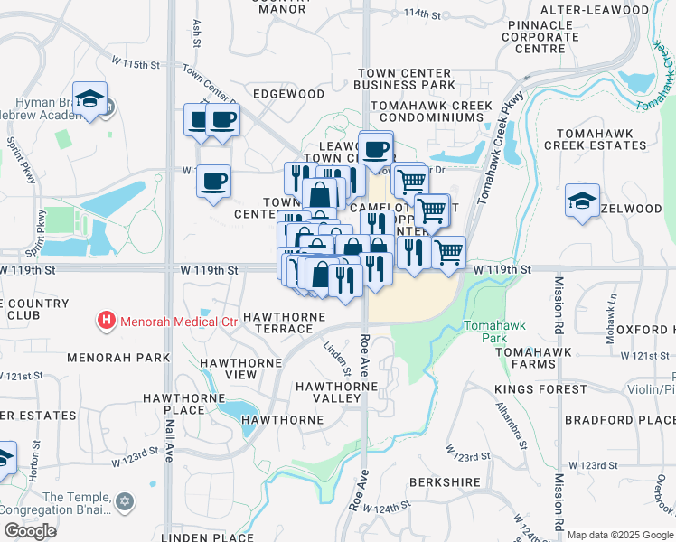 map of restaurants, bars, coffee shops, grocery stores, and more near 4731 West 119th Street in Overland Park
