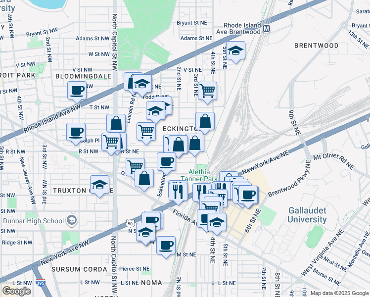 map of restaurants, bars, coffee shops, grocery stores, and more near 218 R Street Northeast in Washington