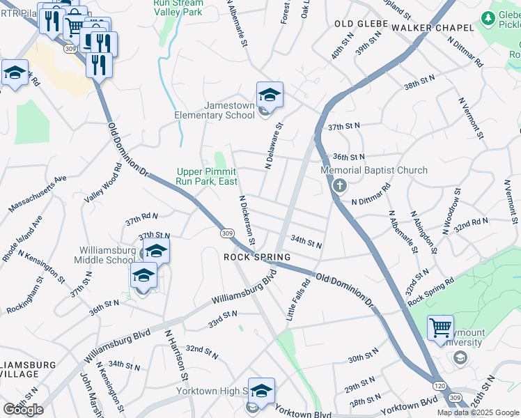 map of restaurants, bars, coffee shops, grocery stores, and more near 5019 34th Road North in Arlington