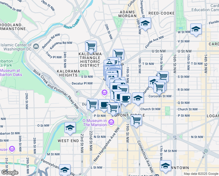 map of restaurants, bars, coffee shops, grocery stores, and more near 2015 R Street Northwest in Washington