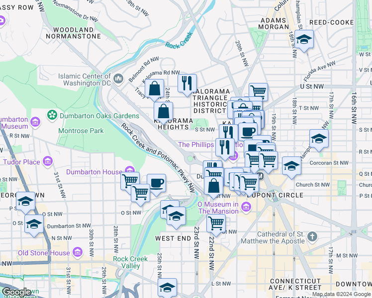 map of restaurants, bars, coffee shops, grocery stores, and more near 2301 Massachusetts Avenue Northwest in Washington