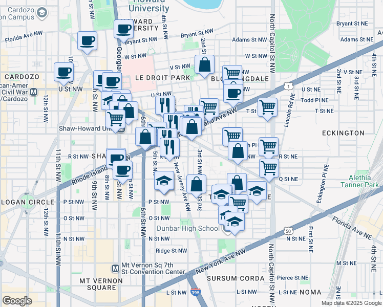 map of restaurants, bars, coffee shops, grocery stores, and more near 315 R Street Northwest in Washington