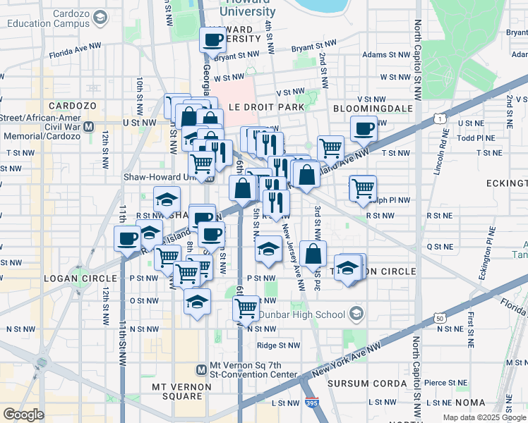 map of restaurants, bars, coffee shops, grocery stores, and more near 435 R Street Northwest in Washington