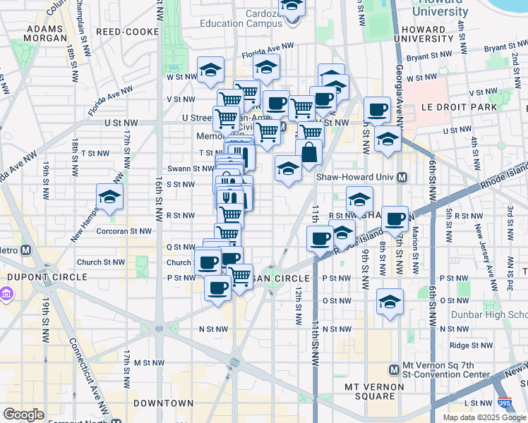map of restaurants, bars, coffee shops, grocery stores, and more near 1311 R Street Northwest in Washington