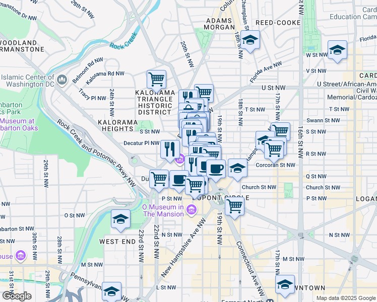 map of restaurants, bars, coffee shops, grocery stores, and more near 2015 R Street Northwest in Washington