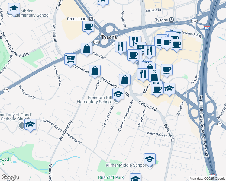 map of restaurants, bars, coffee shops, grocery stores, and more near 8227 Old Courthouse Road in Tysons
