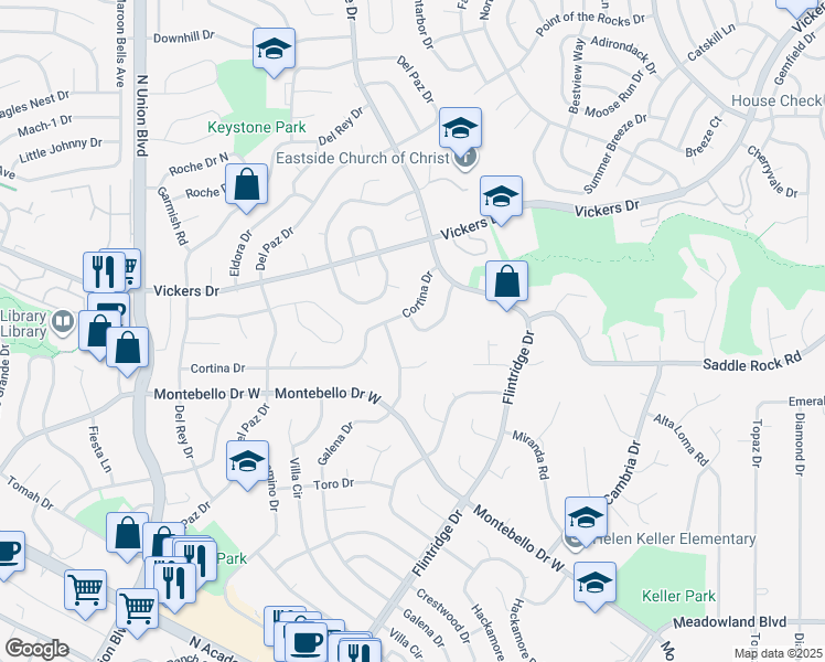 map of restaurants, bars, coffee shops, grocery stores, and more near 3415 Cortina Circle in Colorado Springs