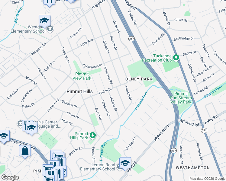 map of restaurants, bars, coffee shops, grocery stores, and more near 7219 Friden Drive in Falls Church