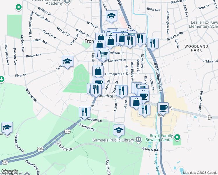 map of restaurants, bars, coffee shops, grocery stores, and more near 346 Pine Street in Front Royal