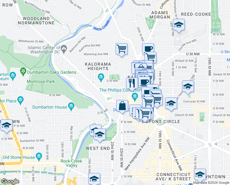 map of restaurants, bars, coffee shops, grocery stores, and more near 2223 R Street Northwest in Washington
