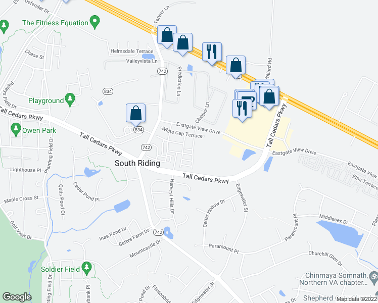 map of restaurants, bars, coffee shops, grocery stores, and more near 43610 McKay Terrace in Chantilly
