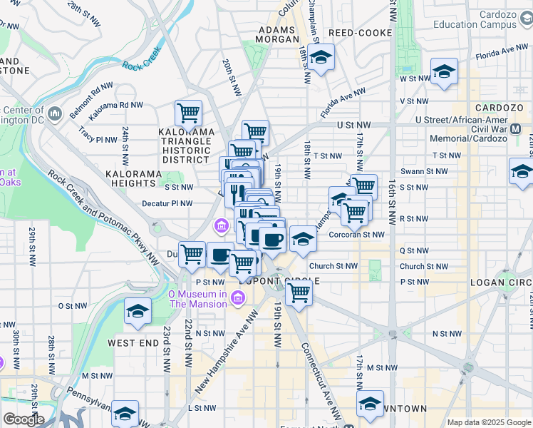 map of restaurants, bars, coffee shops, grocery stores, and more near 1911 R Street Northwest in Washington