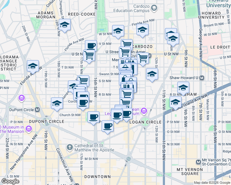 map of restaurants, bars, coffee shops, grocery stores, and more near 1439 R Street Northwest in Washington