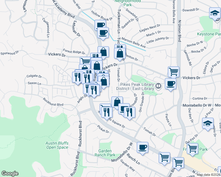 map of restaurants, bars, coffee shops, grocery stores, and more near 5555 Erindale Drive in Colorado Springs