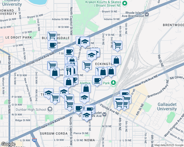 map of restaurants, bars, coffee shops, grocery stores, and more near 126 R Street Northeast in Washington