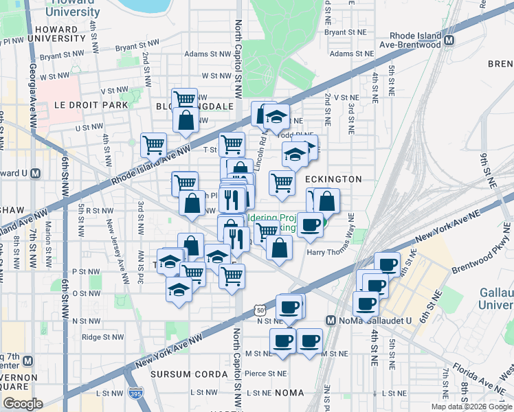 map of restaurants, bars, coffee shops, grocery stores, and more near 101 Independence Avenue Southeast in Washington