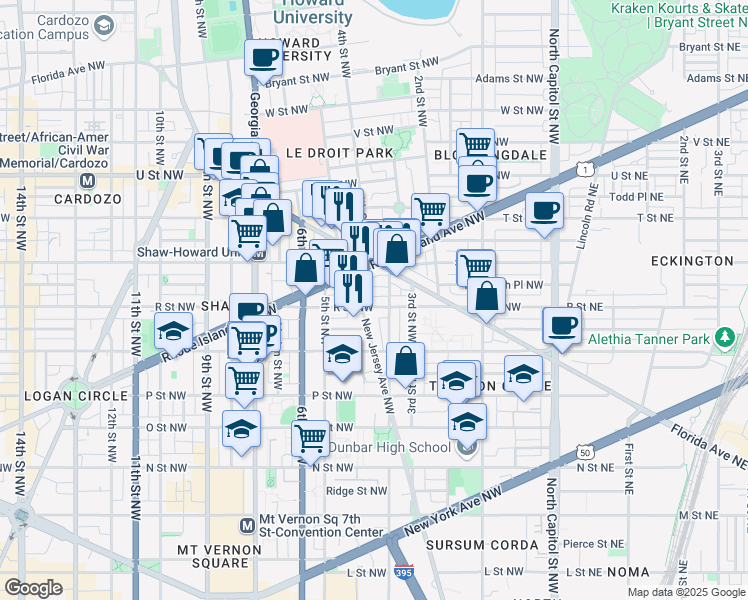 map of restaurants, bars, coffee shops, grocery stores, and more near 417 R Street Northwest in Washington