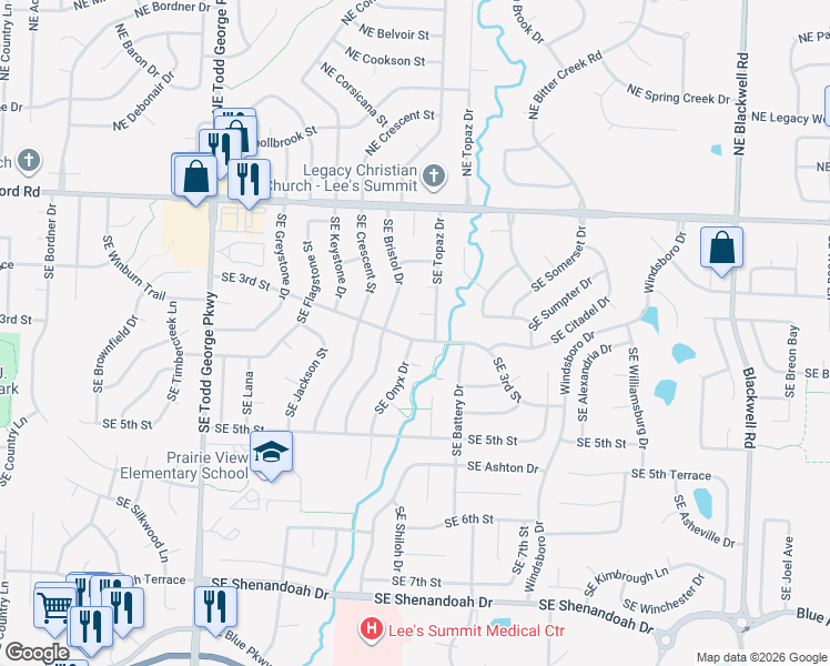 map of restaurants, bars, coffee shops, grocery stores, and more near 237 Southeast Bristol Drive in Lee's Summit