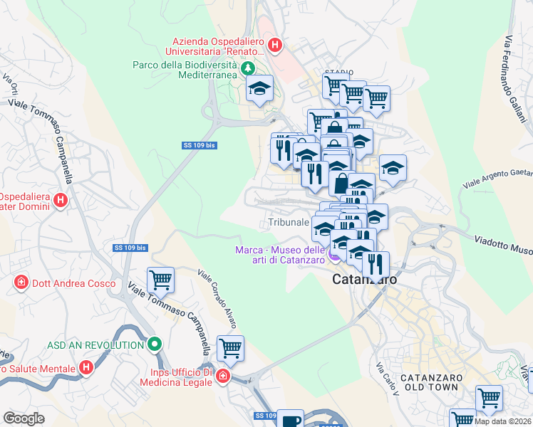 map of restaurants, bars, coffee shops, grocery stores, and more near 138 Via Francesco Crispi in Catanzaro