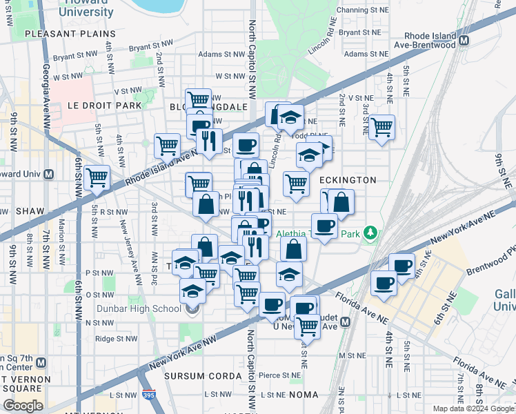 map of restaurants, bars, coffee shops, grocery stores, and more near 1705 North Capitol Street Northeast in Washington