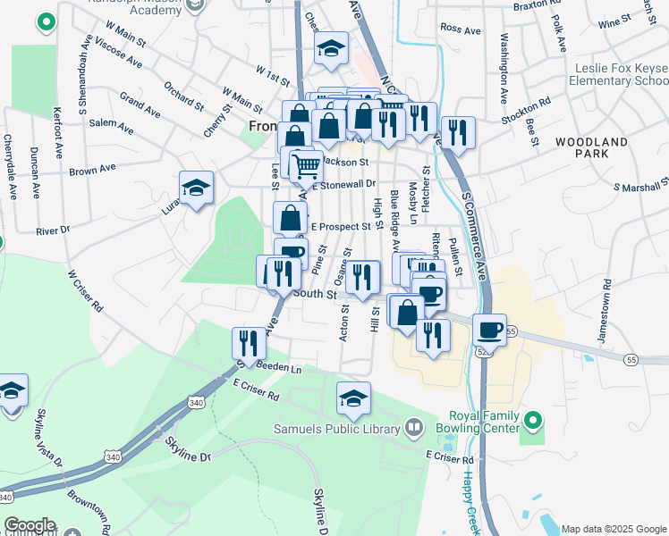 map of restaurants, bars, coffee shops, grocery stores, and more near 347 Osage Street in Front Royal