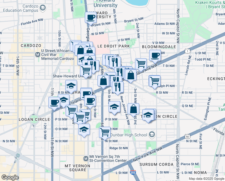 map of restaurants, bars, coffee shops, grocery stores, and more near 435 R Street Northwest in Washington