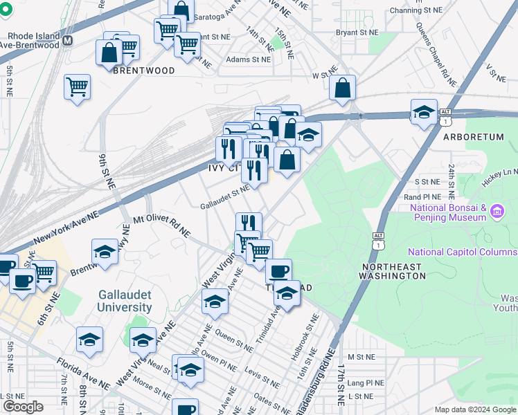 map of restaurants, bars, coffee shops, grocery stores, and more near 1942 Capitol Avenue Northeast in Washington