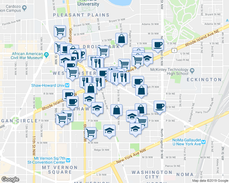 map of restaurants, bars, coffee shops, grocery stores, and more near 311 R Street Northwest in Washington