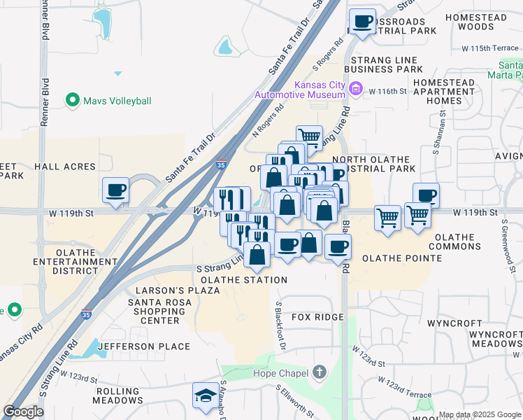 map of restaurants, bars, coffee shops, grocery stores, and more near W 119th St & S Strang Line Rd in Olathe