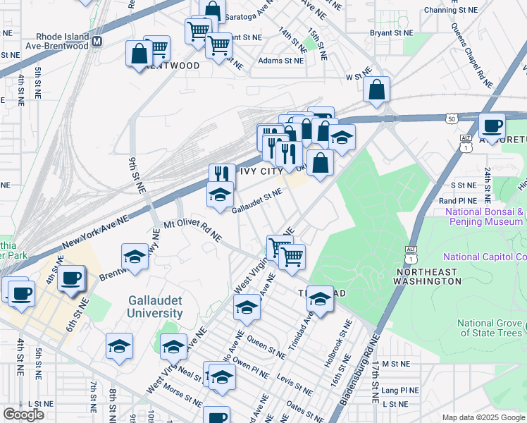 map of restaurants, bars, coffee shops, grocery stores, and more near 1845 Central Place Northeast in Washington