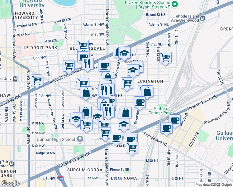 map of restaurants, bars, coffee shops, grocery stores, and more near 24 R Street Northeast in Washington