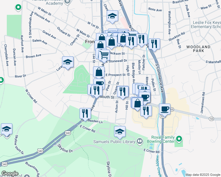 map of restaurants, bars, coffee shops, grocery stores, and more near 346 Pine Street in Front Royal