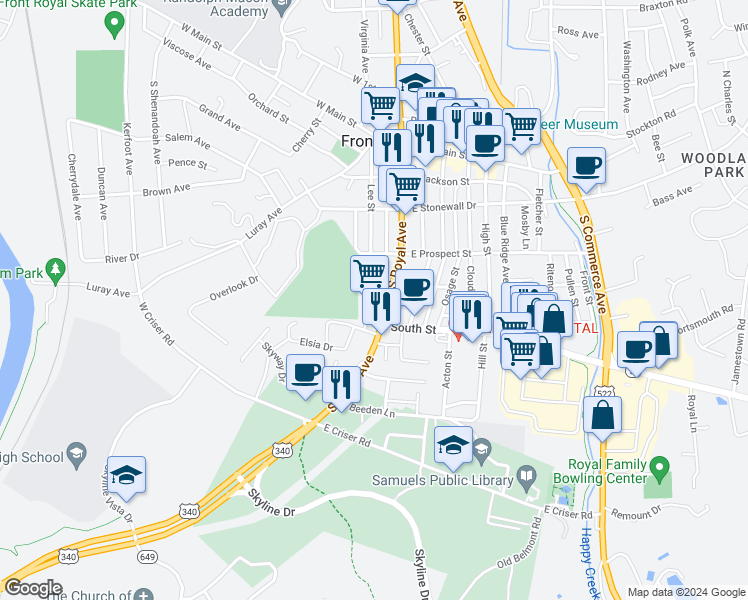 map of restaurants, bars, coffee shops, grocery stores, and more near 413 South Royal Avenue in Front Royal