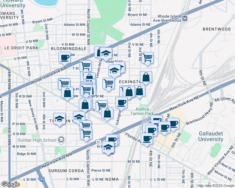 map of restaurants, bars, coffee shops, grocery stores, and more near 136 R Street Northeast in Washington